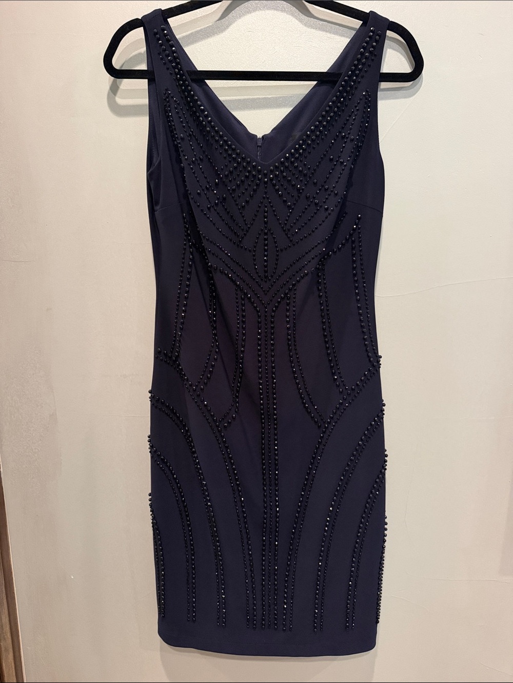 Frank Lyman Design Navy Beaded V-Neck Midi Dress